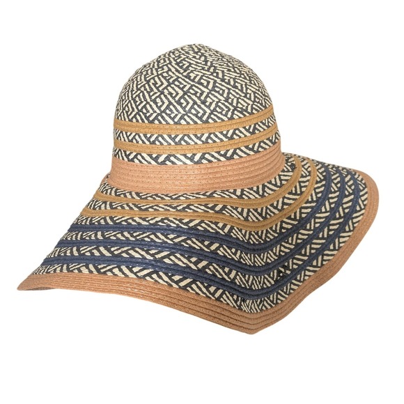 ALDO Womens Wide Brim Sun Hat Navy Blue Tan Geometric Woven Floppy Straw Hat ML - Picture 6 of 6